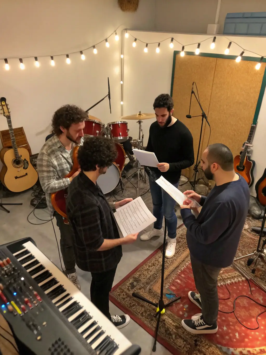 A group of young musicians rehearsing in a studio setting, working together to refine their performance. The image captures the dedication and collaborative spirit of the artists.