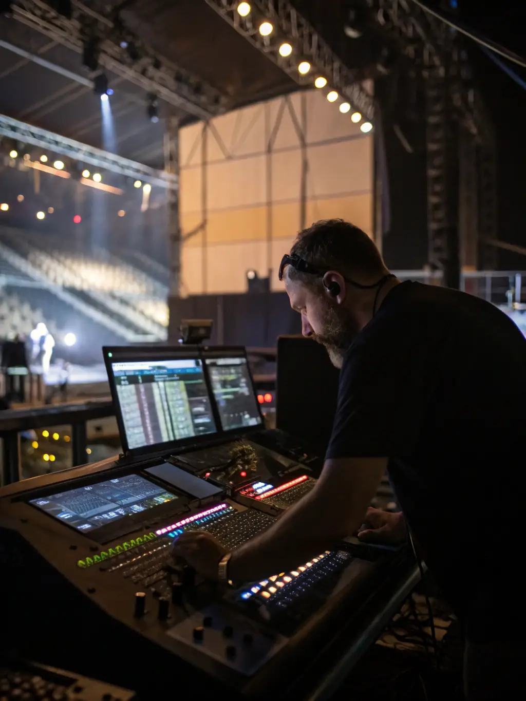 A photo of a sound engineer working diligently at a mixing console during a live performance, ensuring optimal sound quality for the artists and audience. The focus is on the engineer's expertise and the professional equipment used.