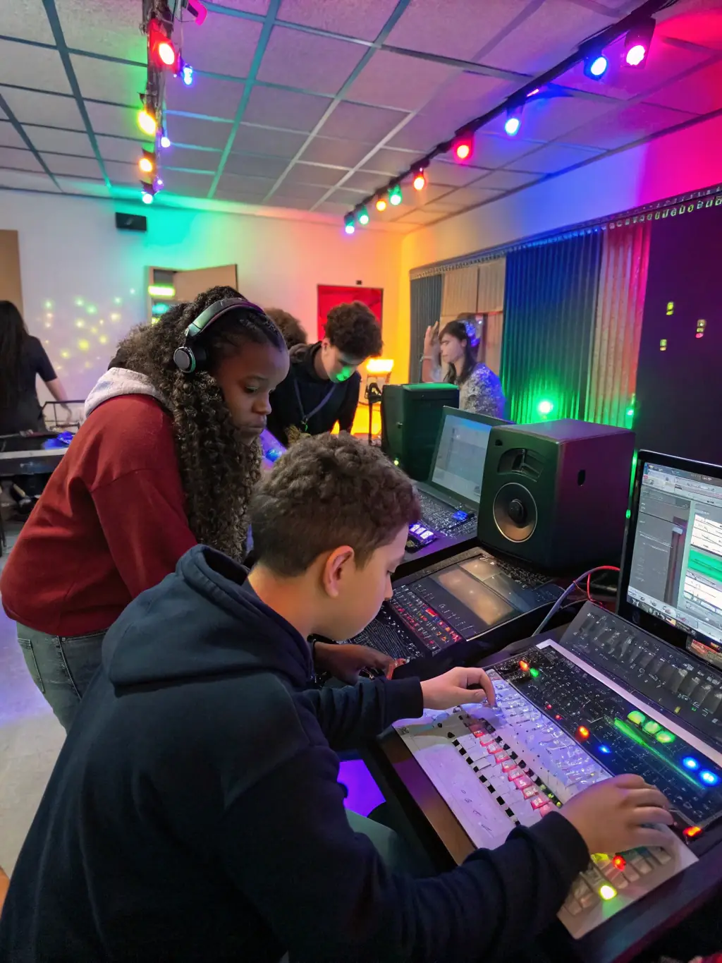 A dynamic image of a sound engineering workshop in progress, featuring young artists learning about sound equipment and techniques from experienced professionals.