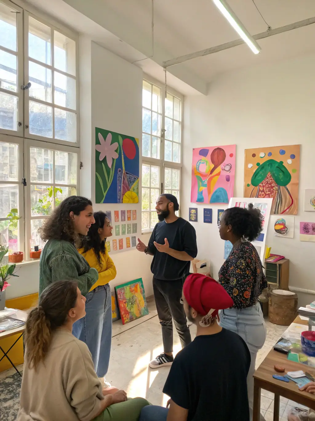 A collaborative workshop session where young artists are actively participating in a mentorship program, receiving guidance and feedback from experienced professionals. The atmosphere is supportive and encouraging.