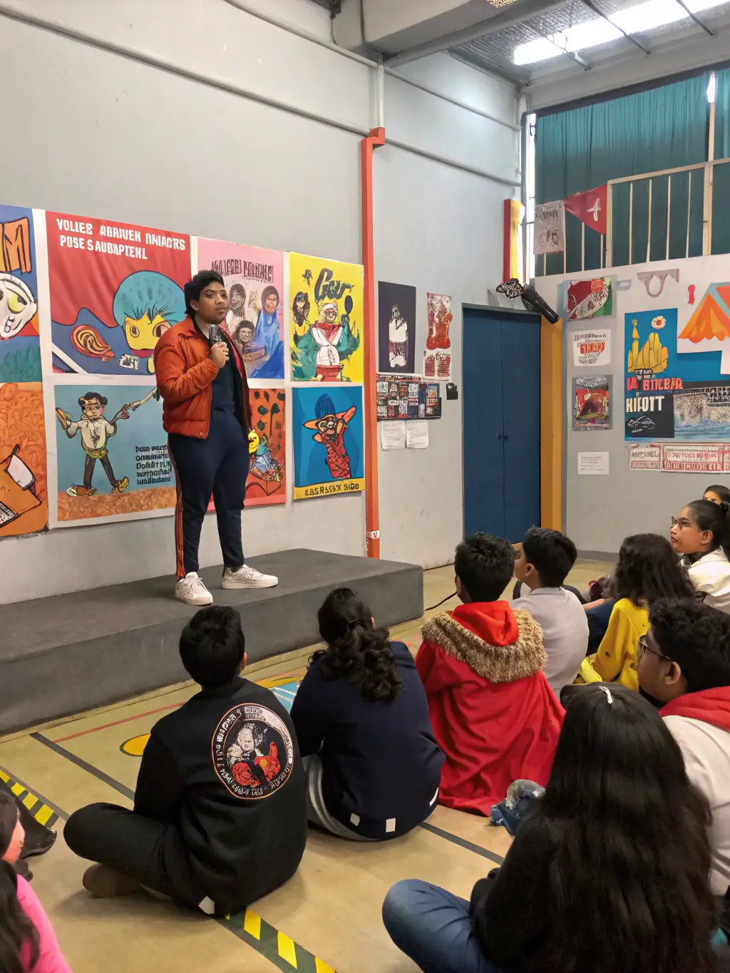 A group of young artists participating in an artist development workshop, engaged in a collaborative activity with guidance from a mentor.
